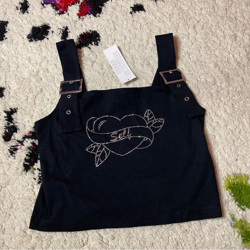NWT urban outfitters Graphic Rhinestone Self Love Tank Top Buckle Straps